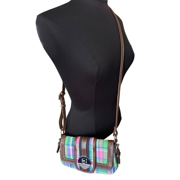 Chaps Green & Pink Plaid Crossbody Bag With Brown Trim & Adjustable Strap - Picture 1 of 10